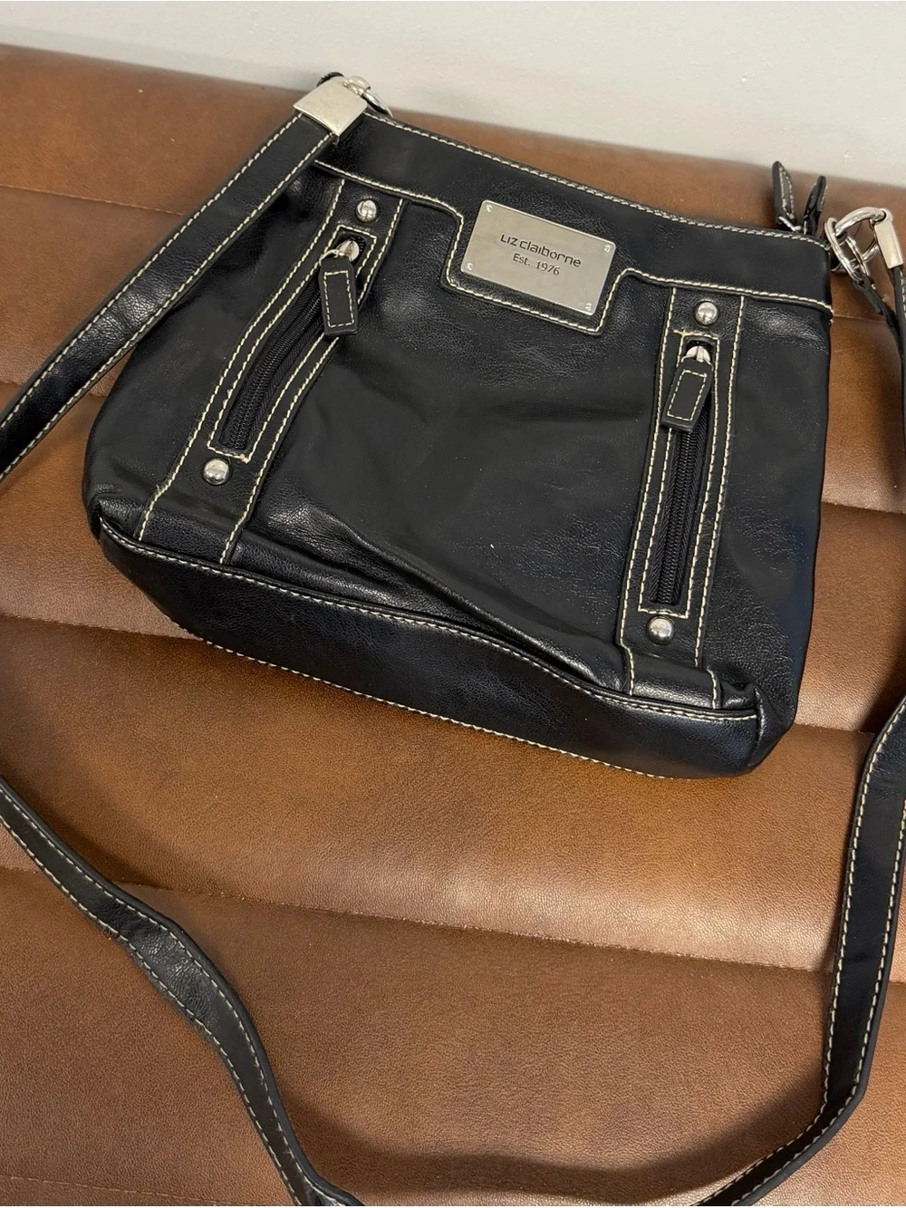 Liz Claiborne Black Leather Crossbody with Contrast Stitching